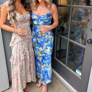 ASTR The Label Florianne Floral Satin Maxi Dress- Blue Yellow Abstract